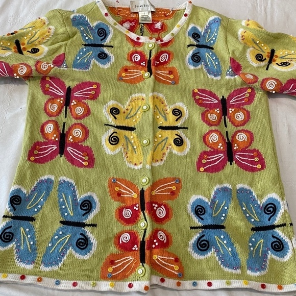 Susan‎ Bristol VINTAGE Women's Green Butterfly Ramie Knit Button Cardigan Small - Picture 12 of 16